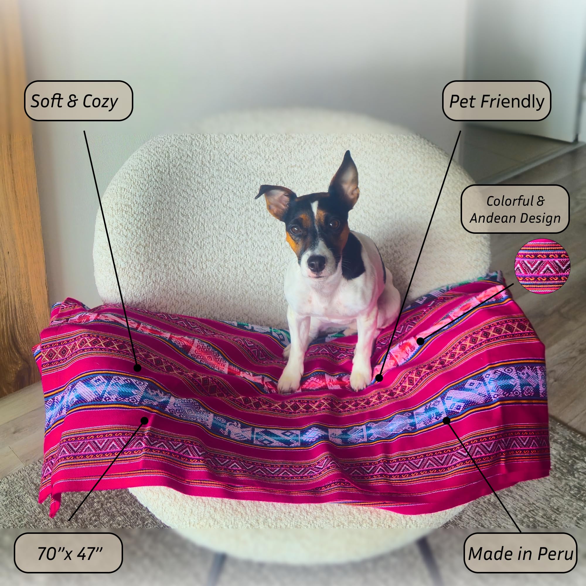 Dog sitting on a colorful Andean design blanket with text highlighting features.