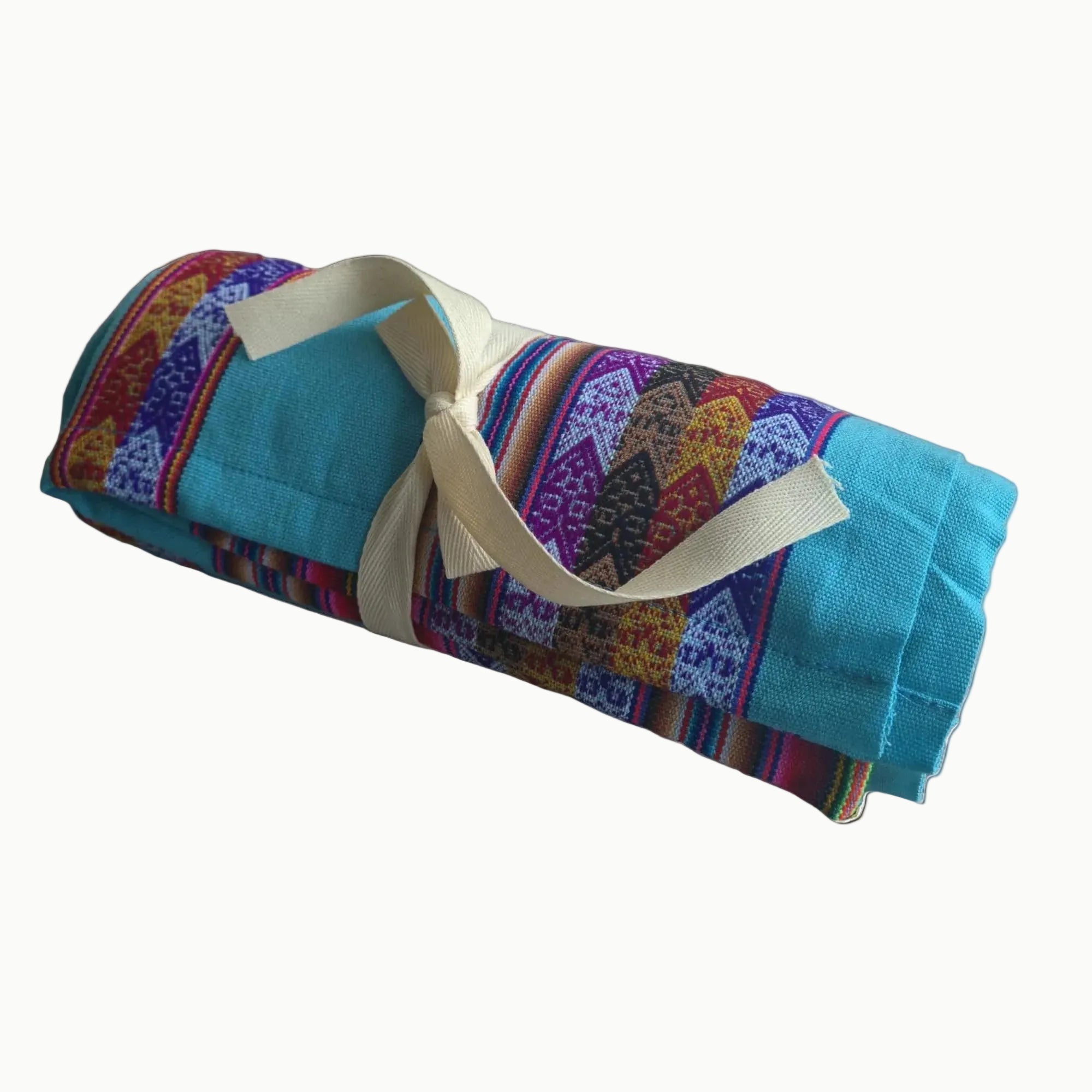 Colorful fabric roll with a pattern and a beige strap on a white background
