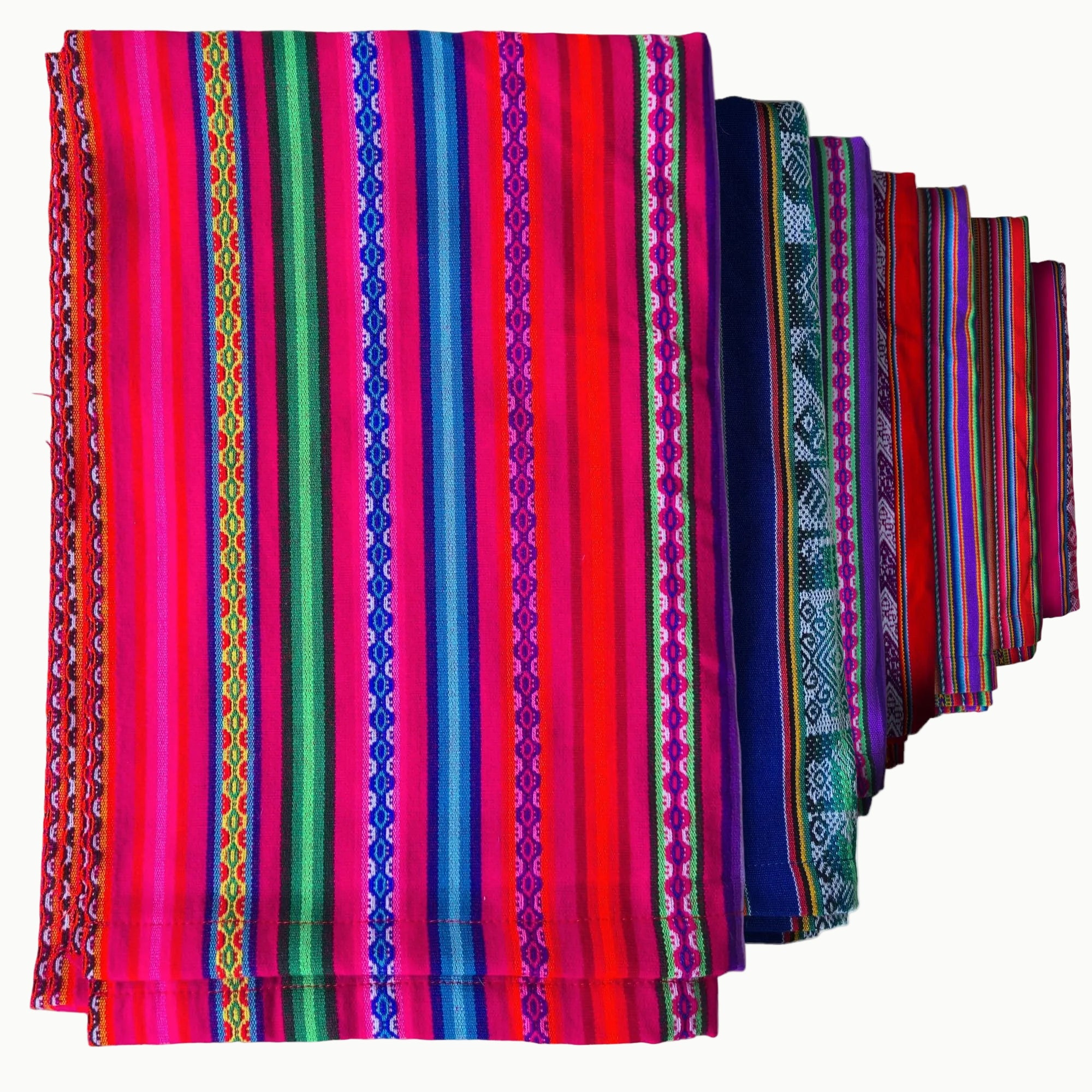 Colorful striped fabric with geometric patterns on a white background