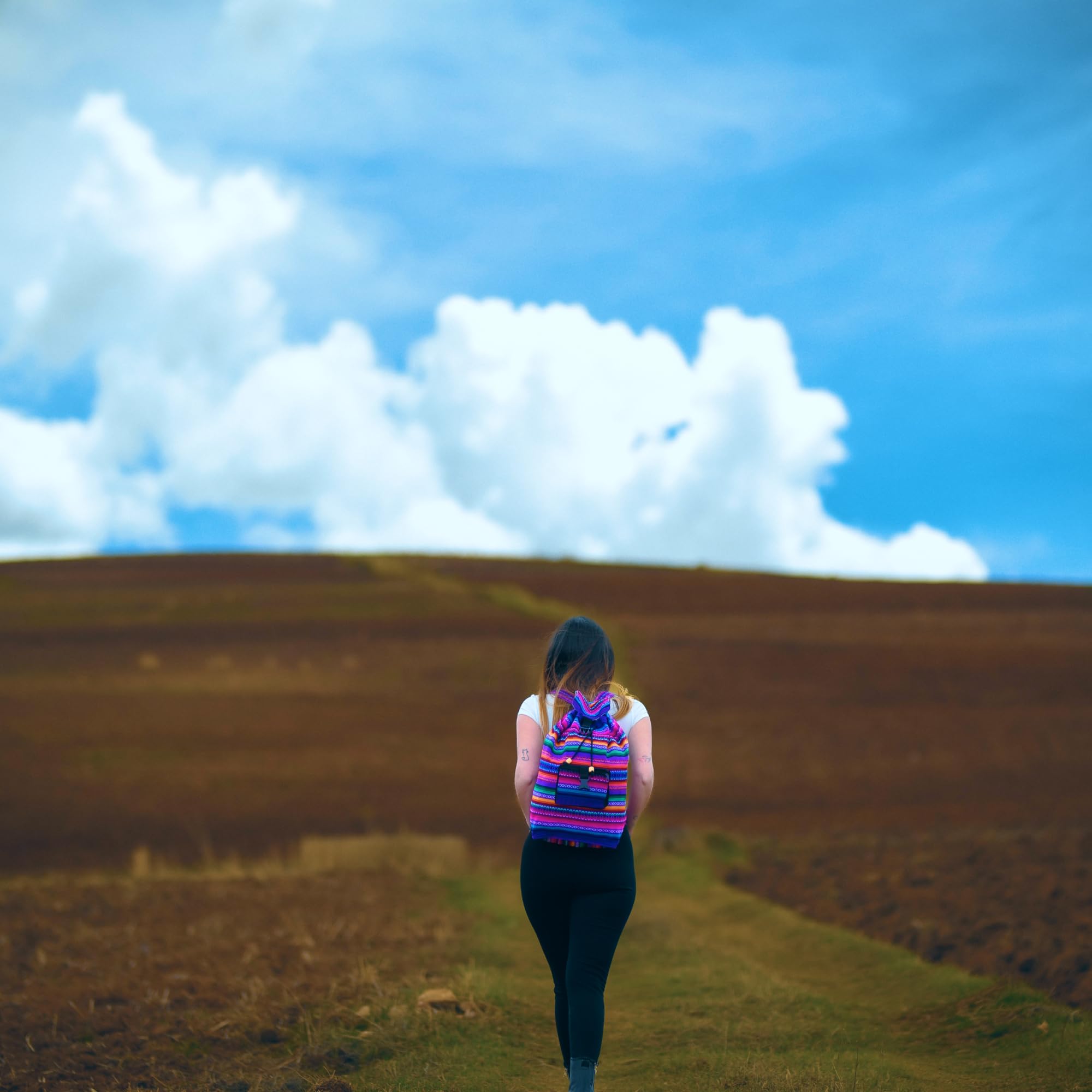 Person with a colorful backpack walking on a grassy field with a blue sky and clouds.