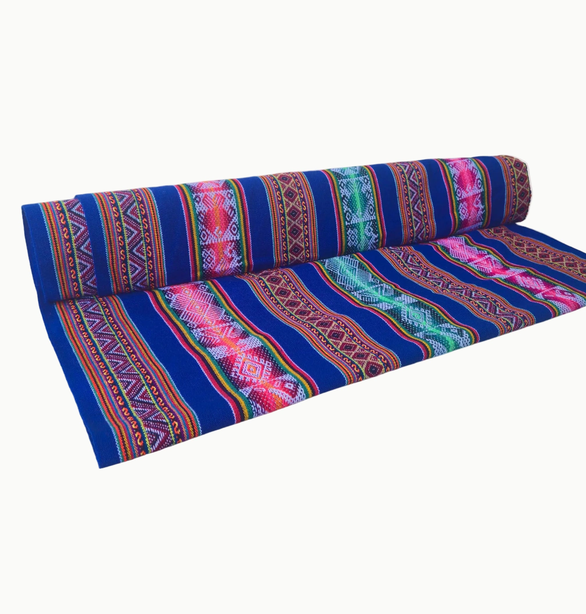 Colorful striped fabric with geometric patterns on a white background