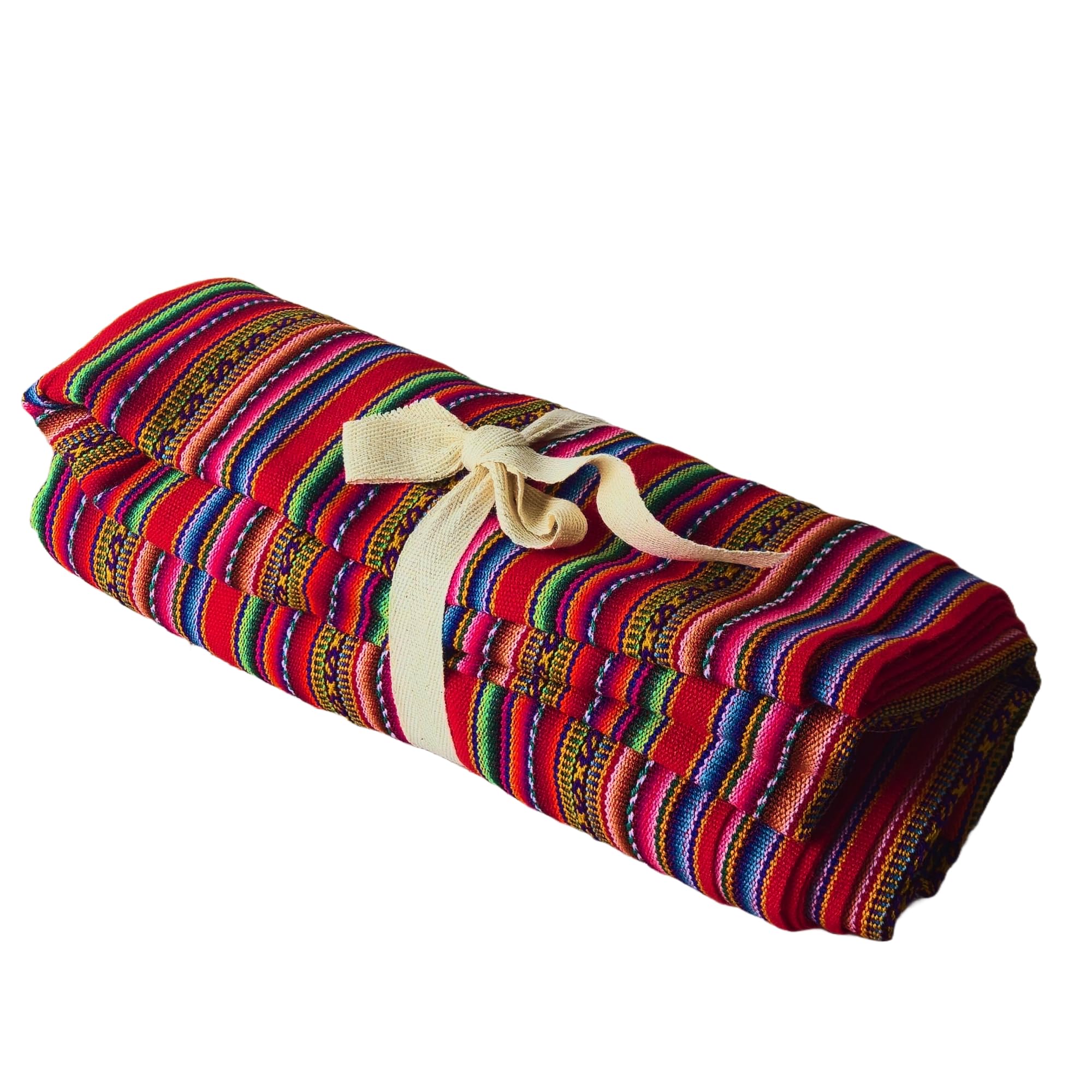 Colorful striped fabric roll with a beige ribbon on a white background