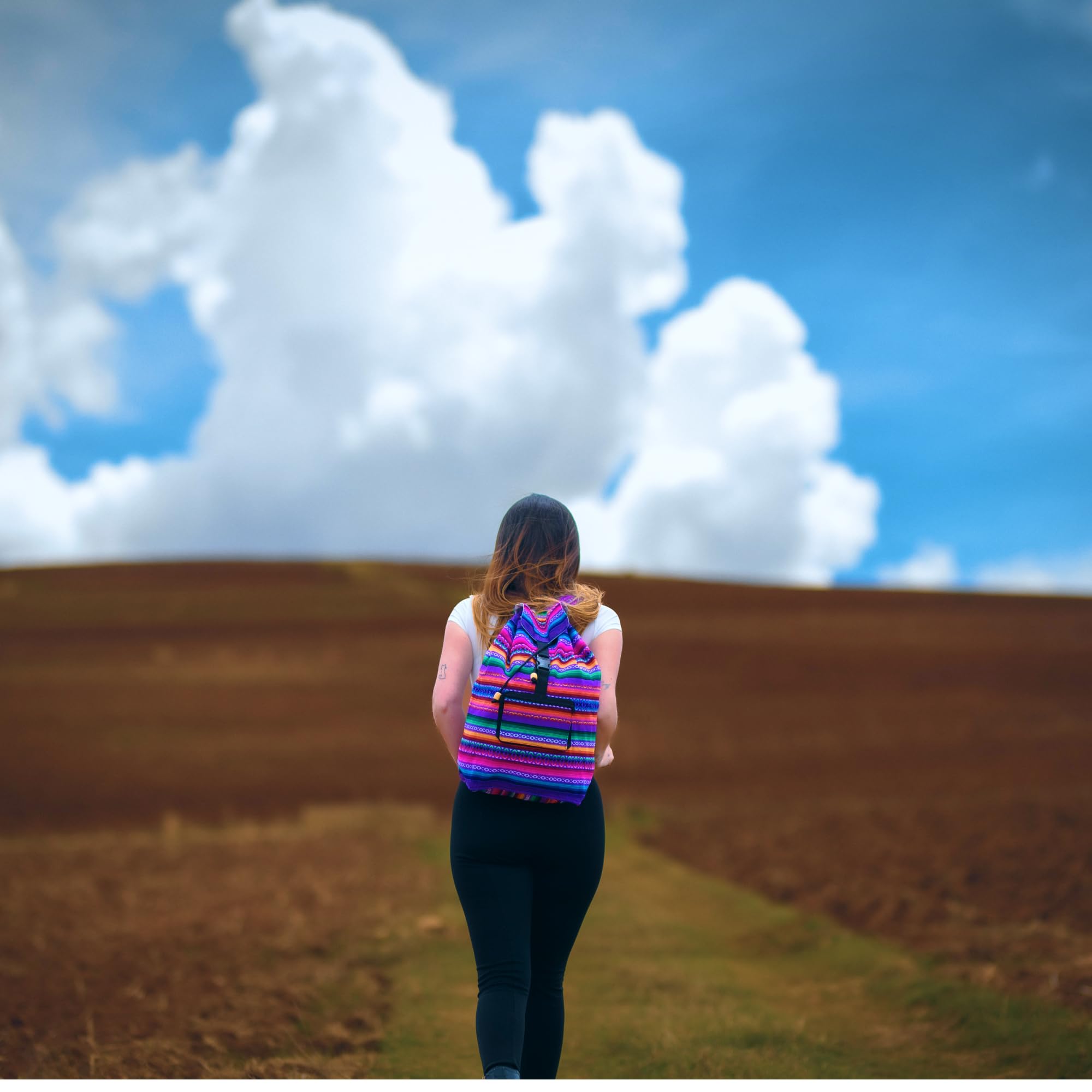 Person with a colorful backpack walking in a field under a blue sky with clouds