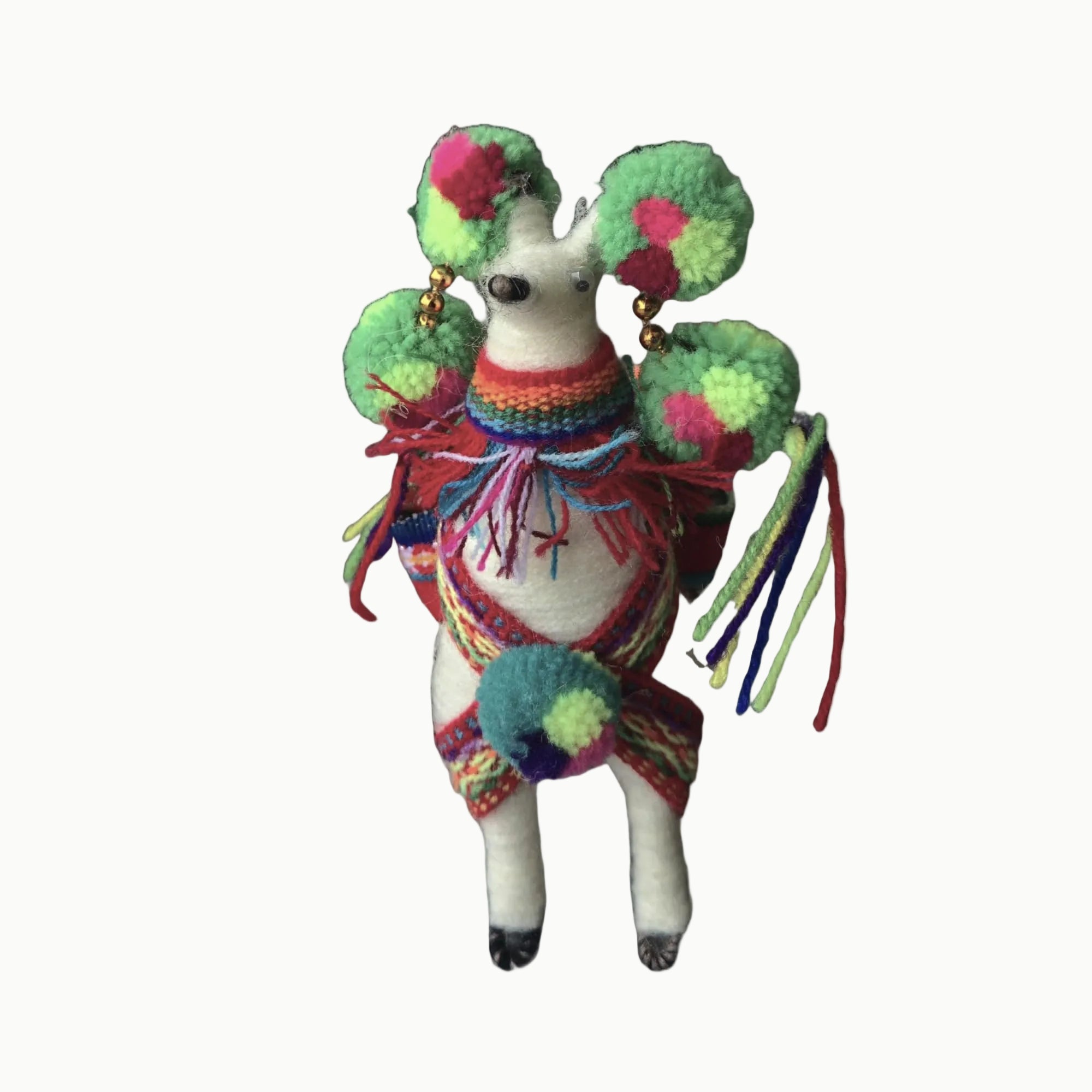 Colorful stuffed mouse toy with a multicolored scarf on a white background