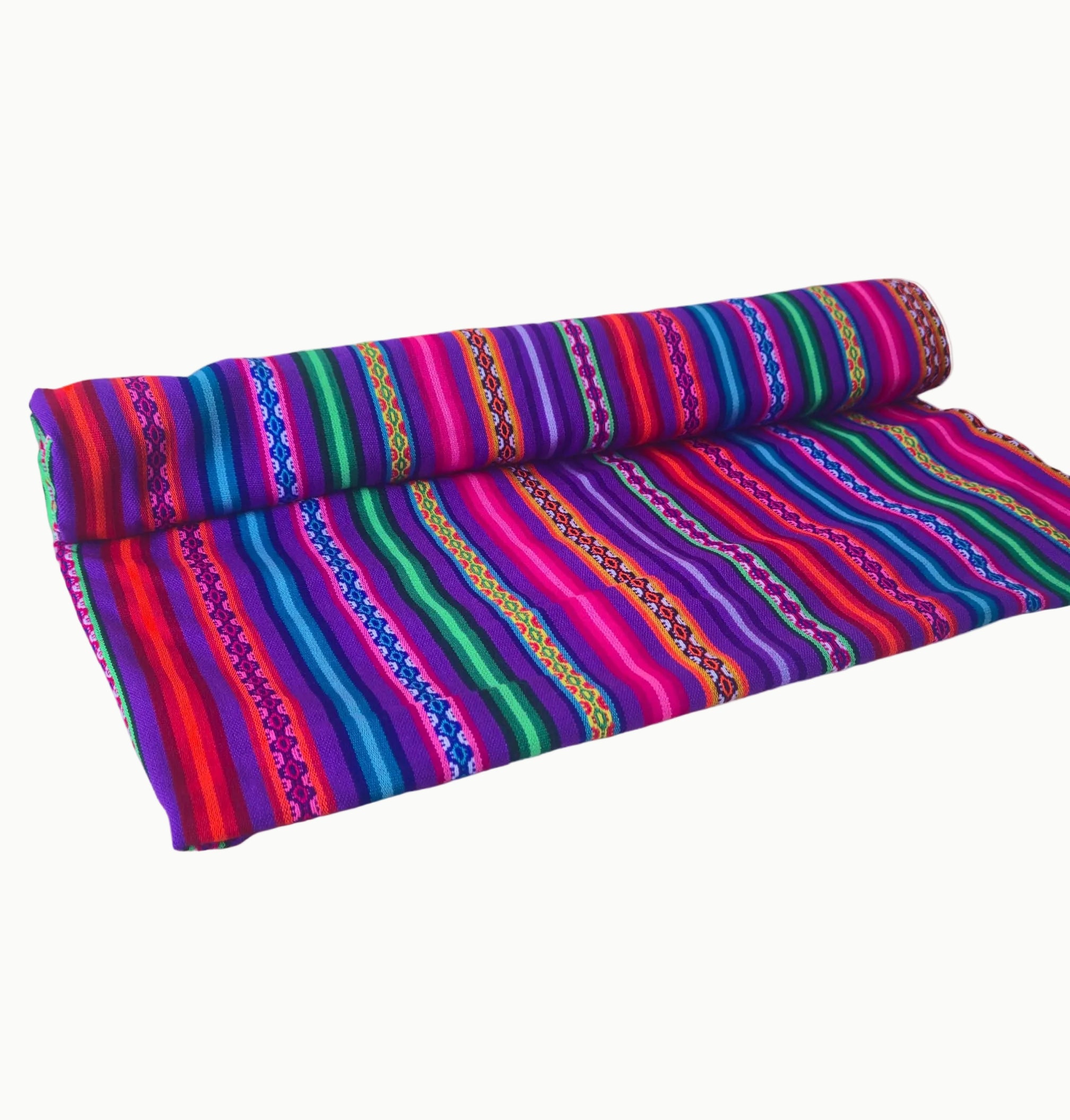 Colorful striped fabric with intricate patterns on a white background