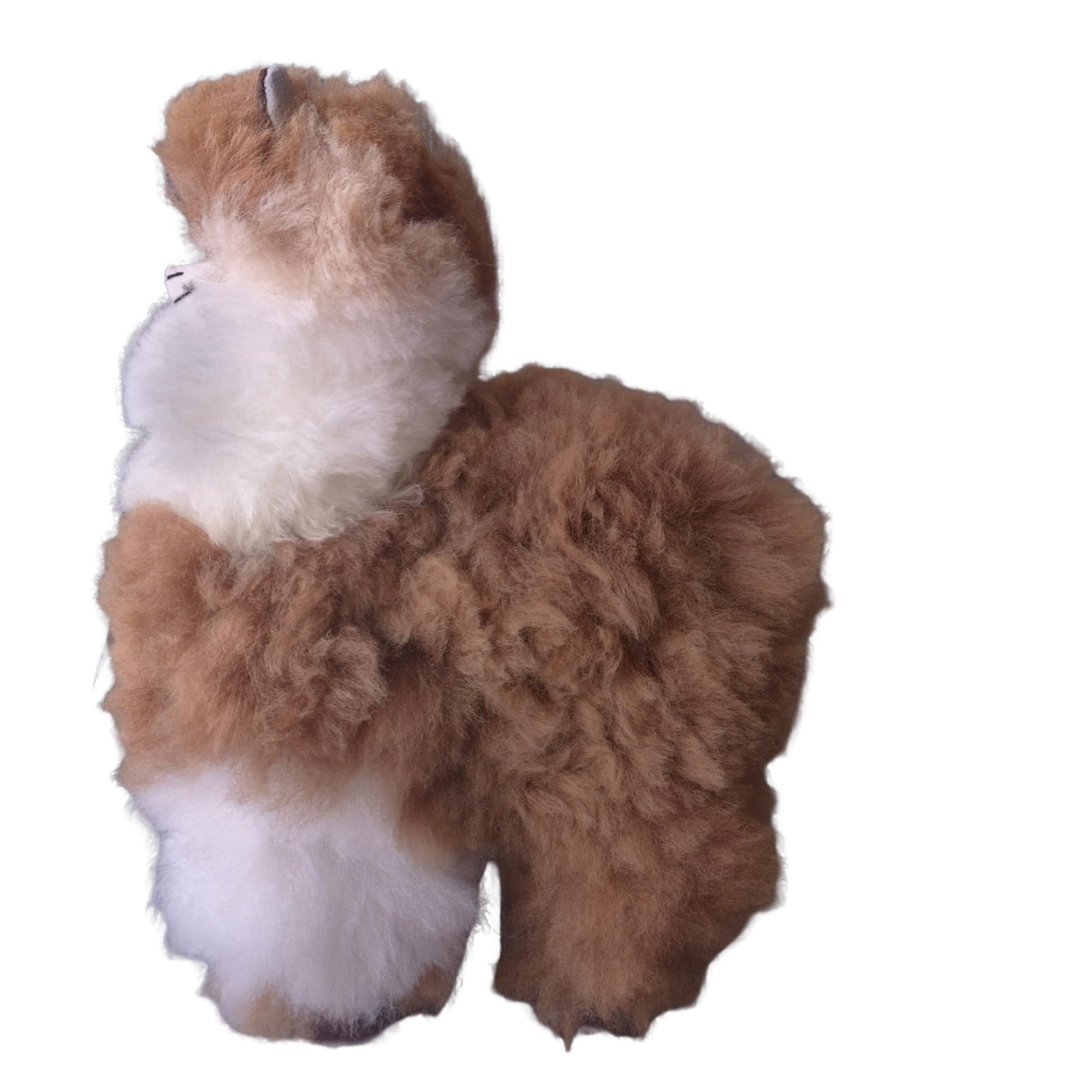 Plush toy resembling a llama with brown and white fur on a white background
