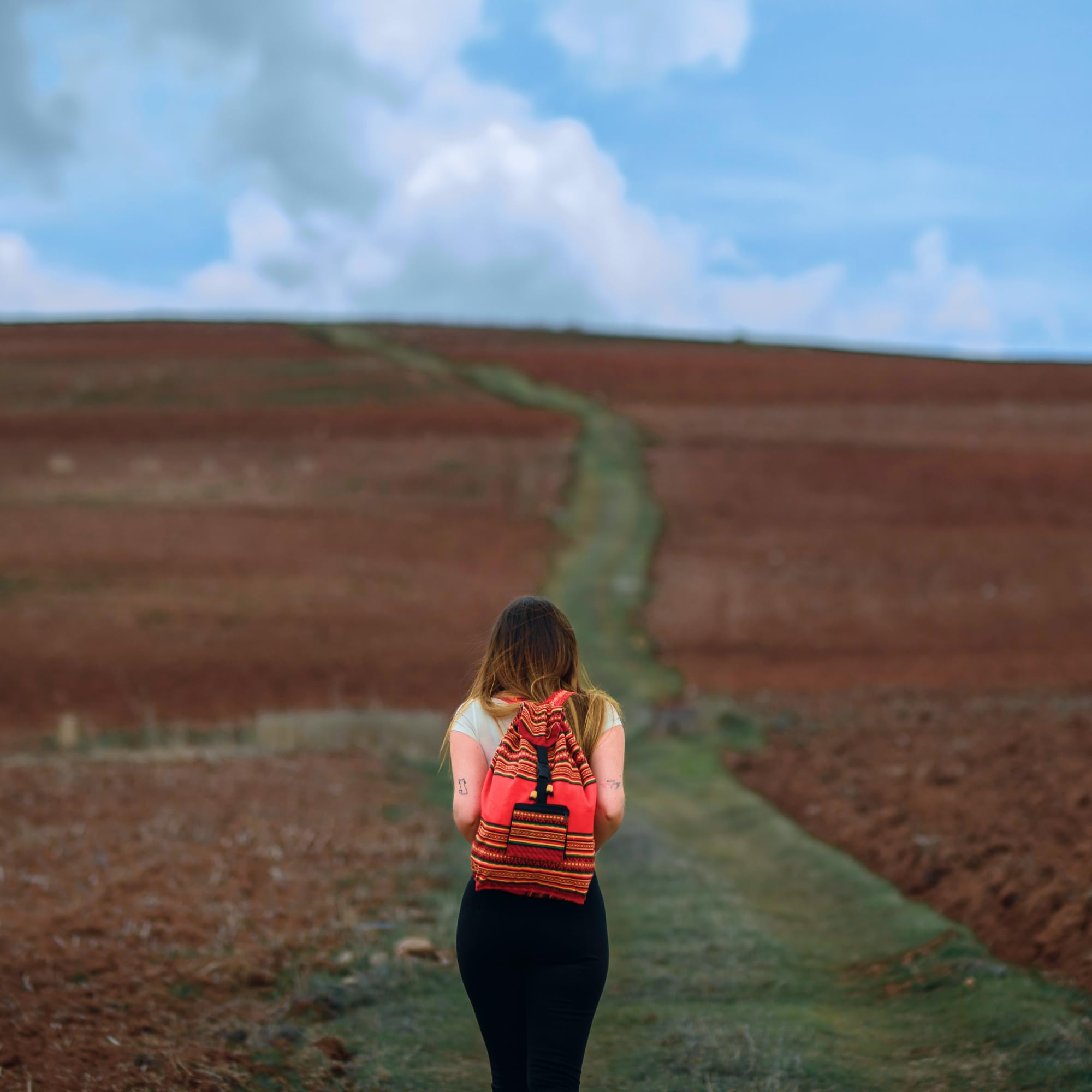 Person with a red backpack walking along a dirt path in a rural landscape.