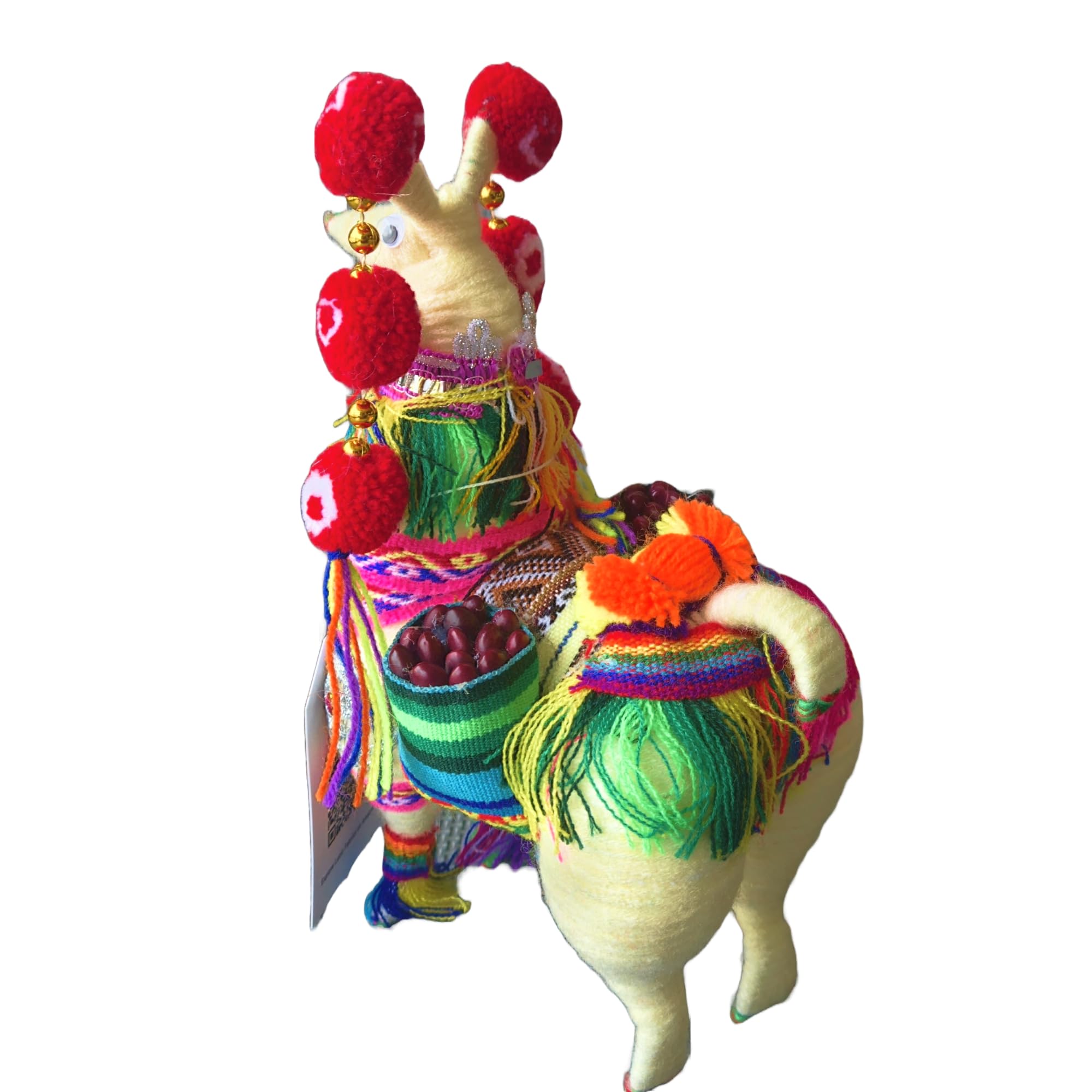 Colorful llama-shaped plush toy with decorative elements on a white background