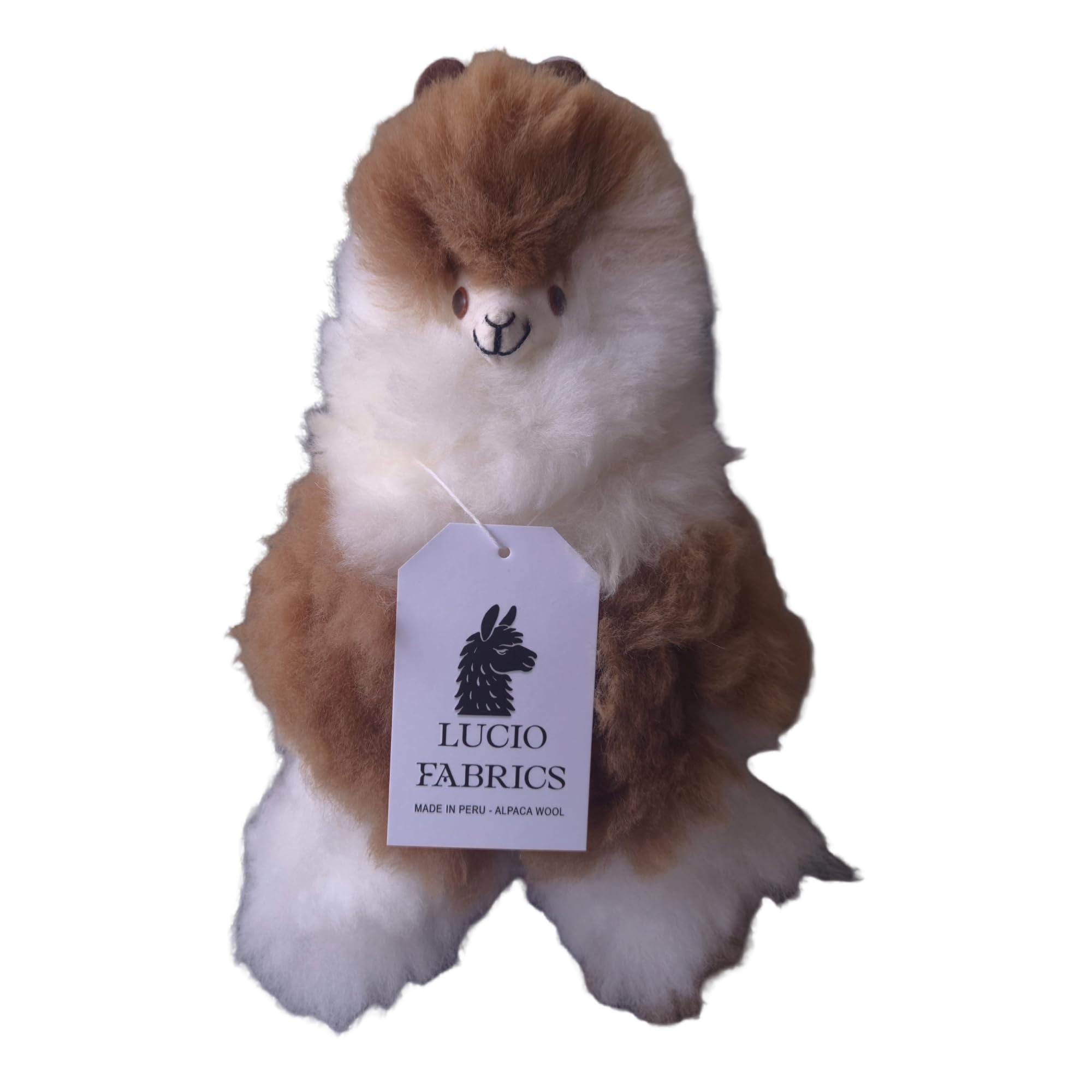 Plush alpaca toy with a Lucio Fabrics tag on a white background