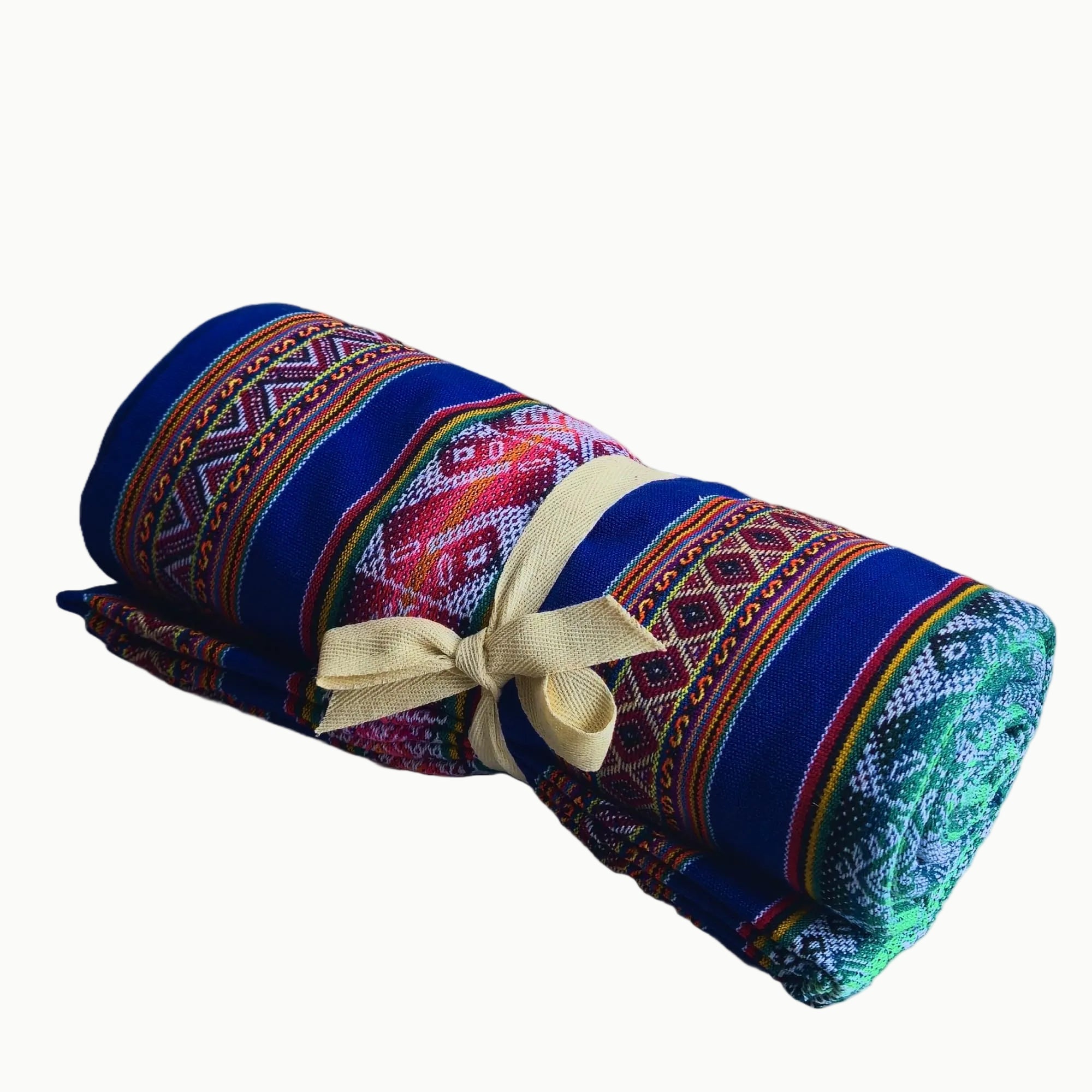 Rolled-up colorful fabric with a pattern and a beige ribbon on a white background