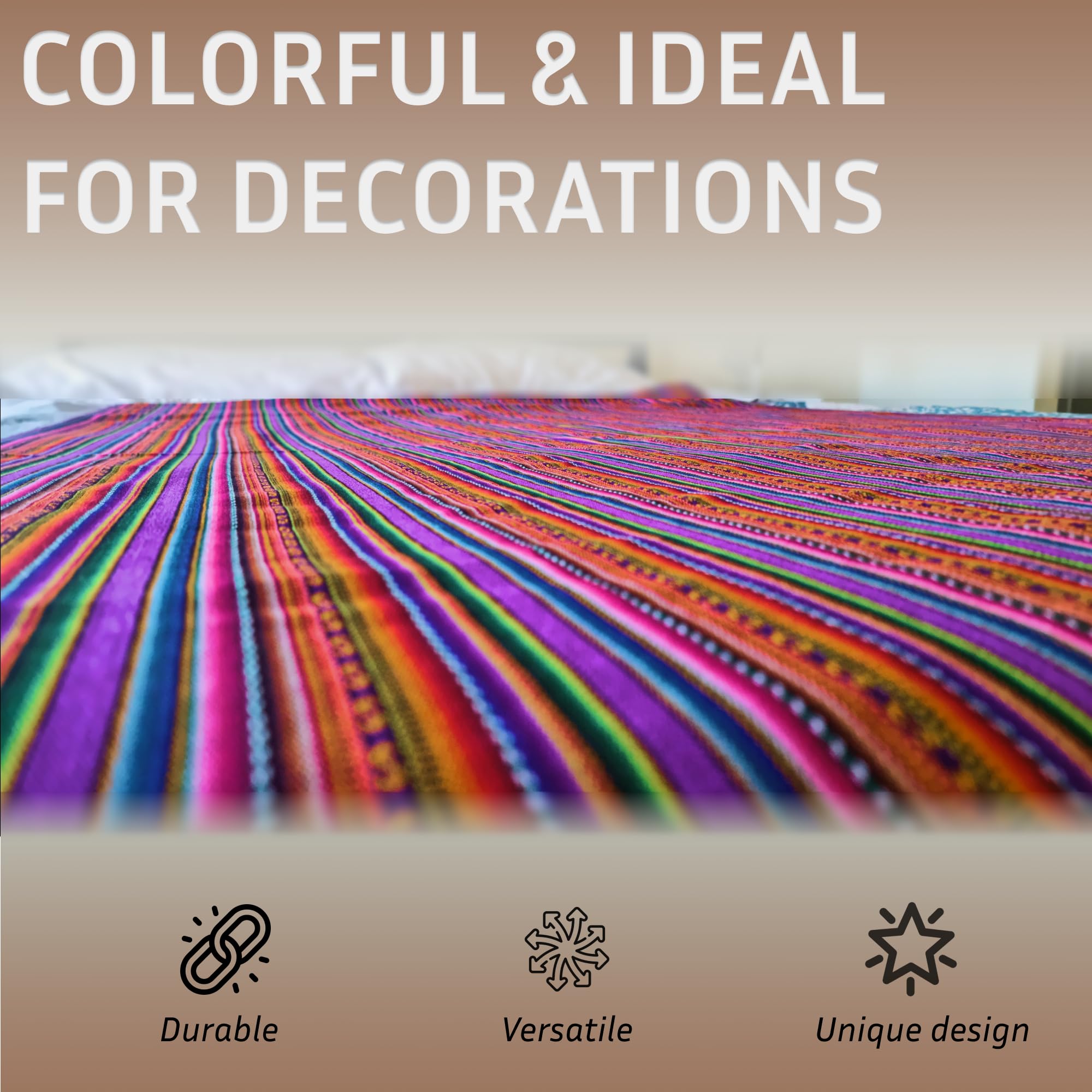 Colorful striped blanket on a bed with text 'Colorful & Ideal for Decorations' and icons indicating durability, versatility, and unique design.
