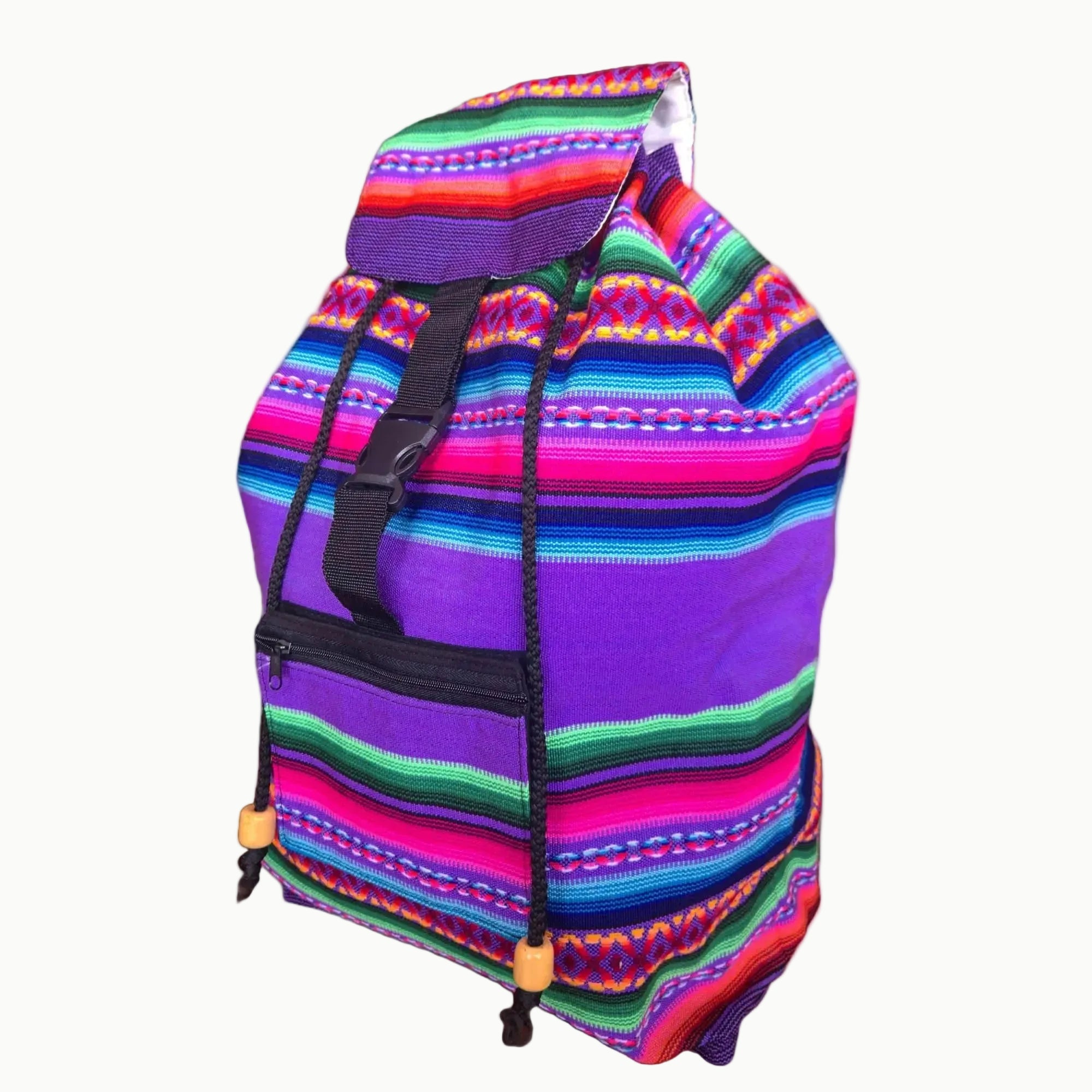 Colorful striped backpack on a white background