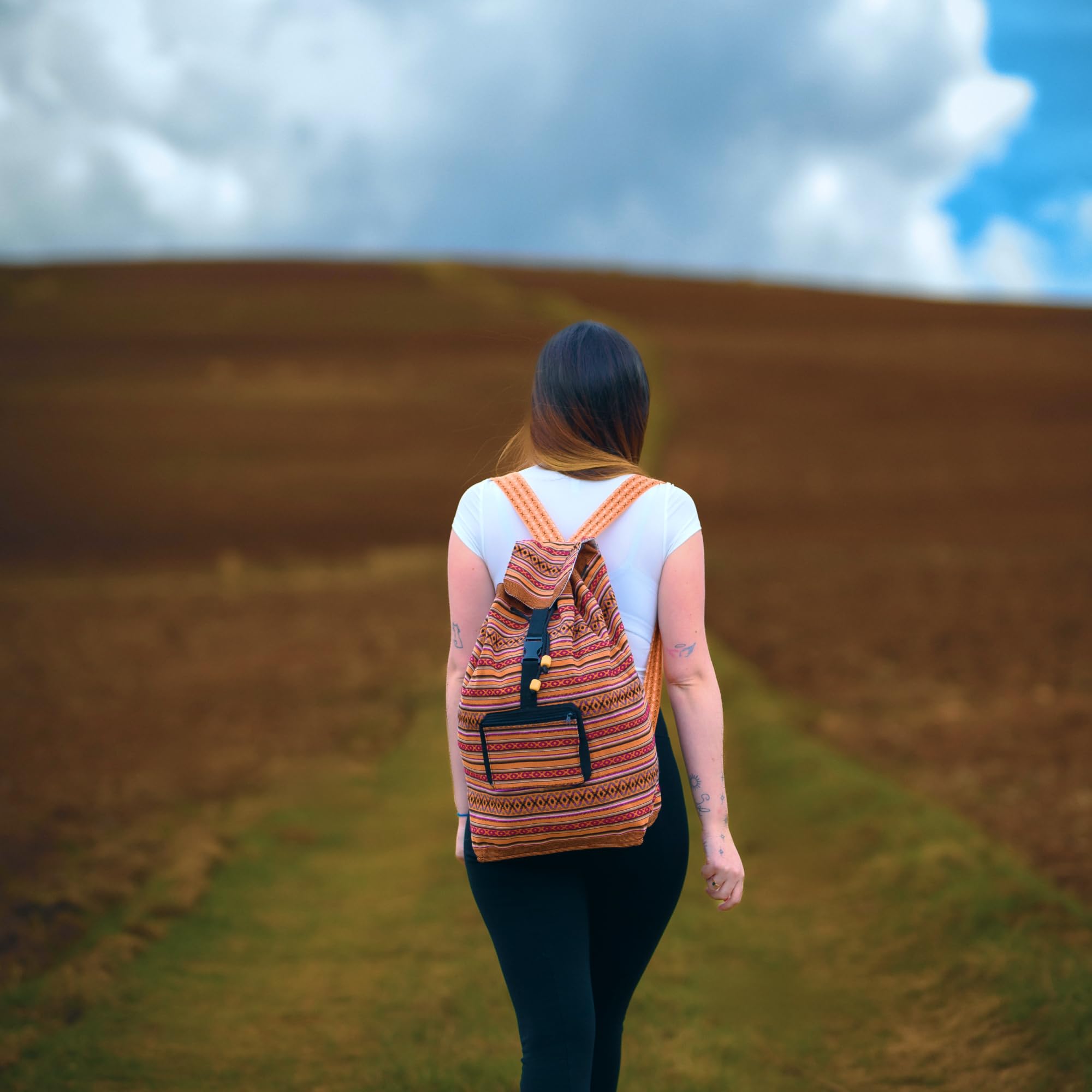 Person with a striped backpack walking on a path with a field and cloudy sky in the background