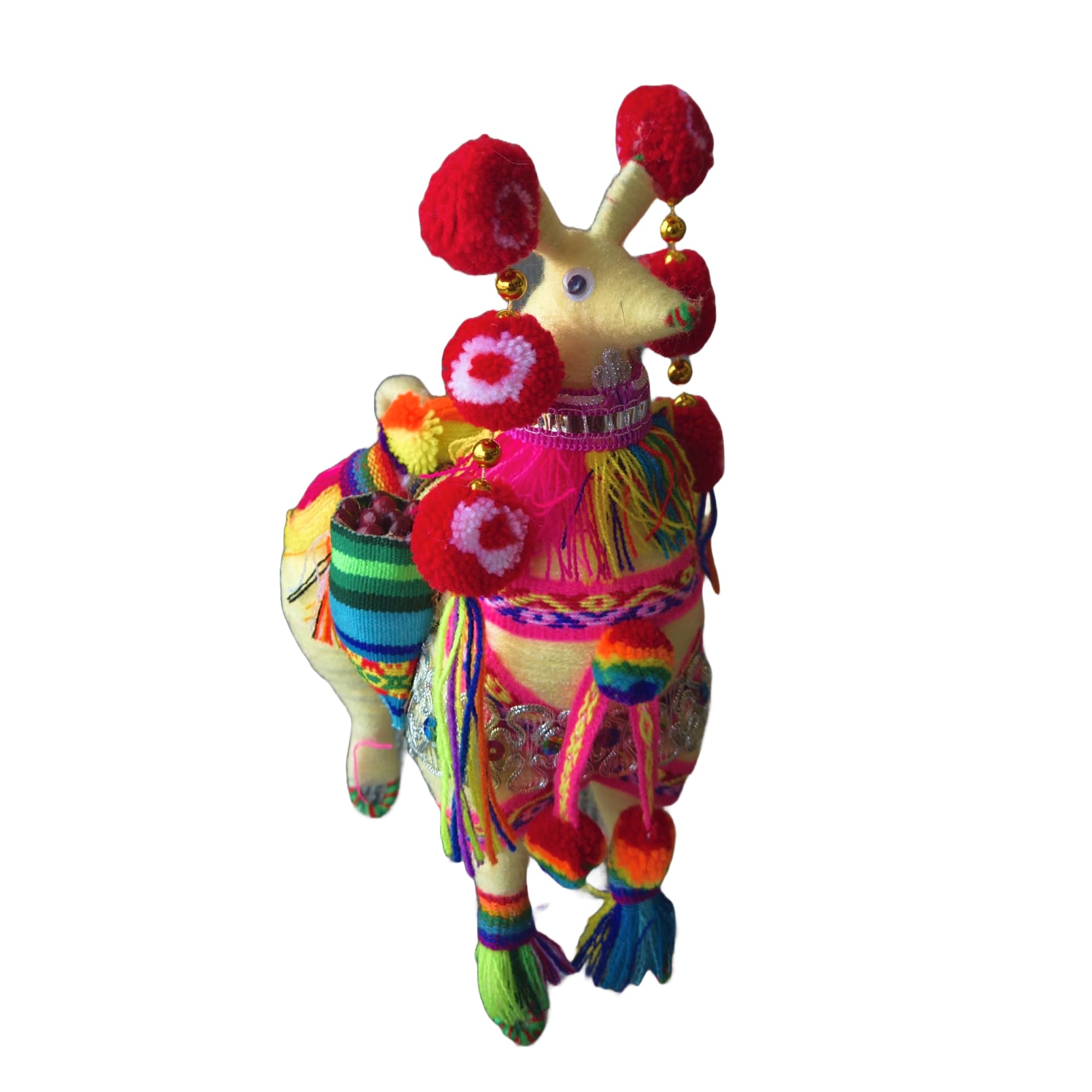 Colorful stuffed llama toy on a white background