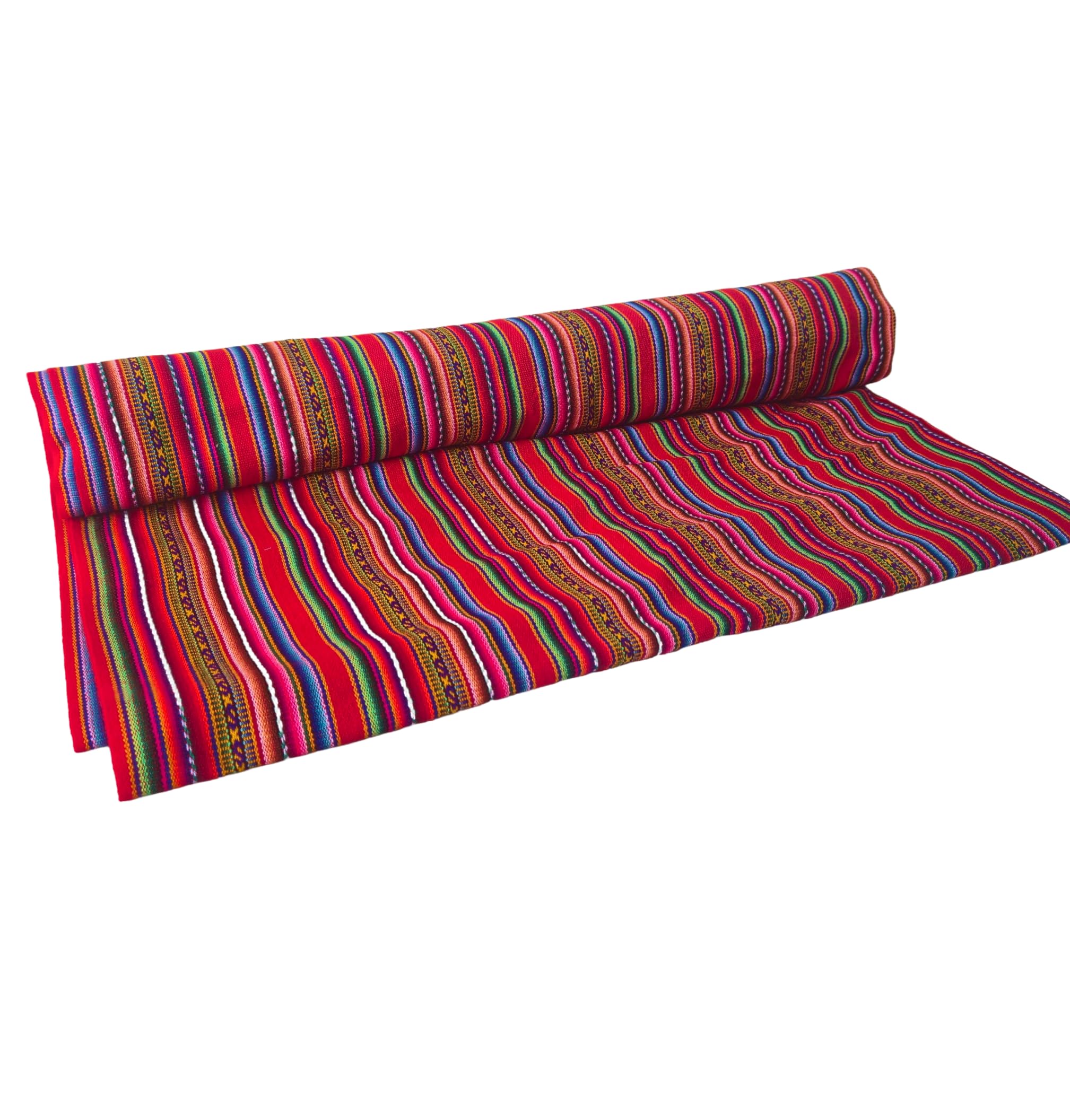 Roll of colorful striped fabric on a white background