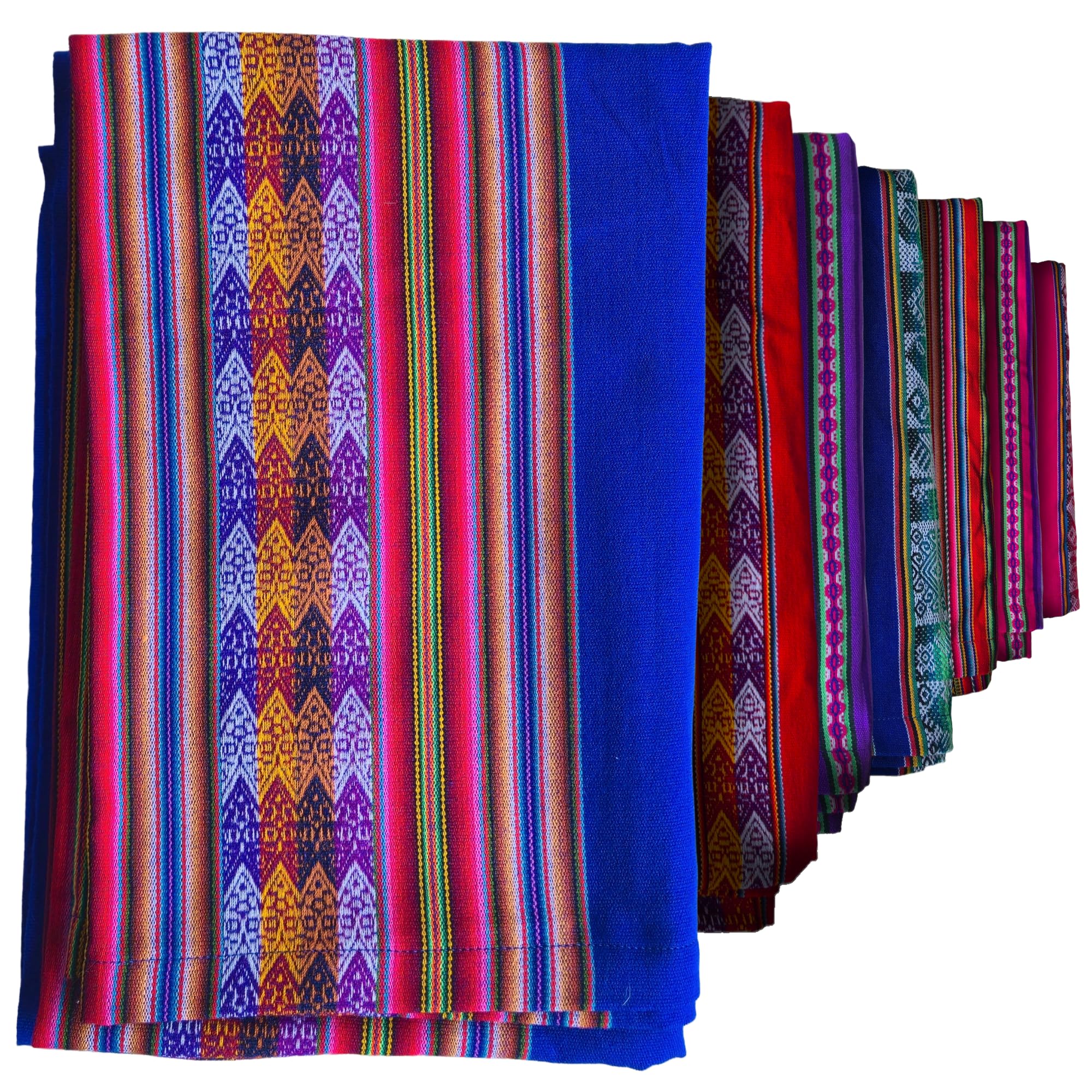 Colorful fabric with geometric patterns arranged in a row on a white background