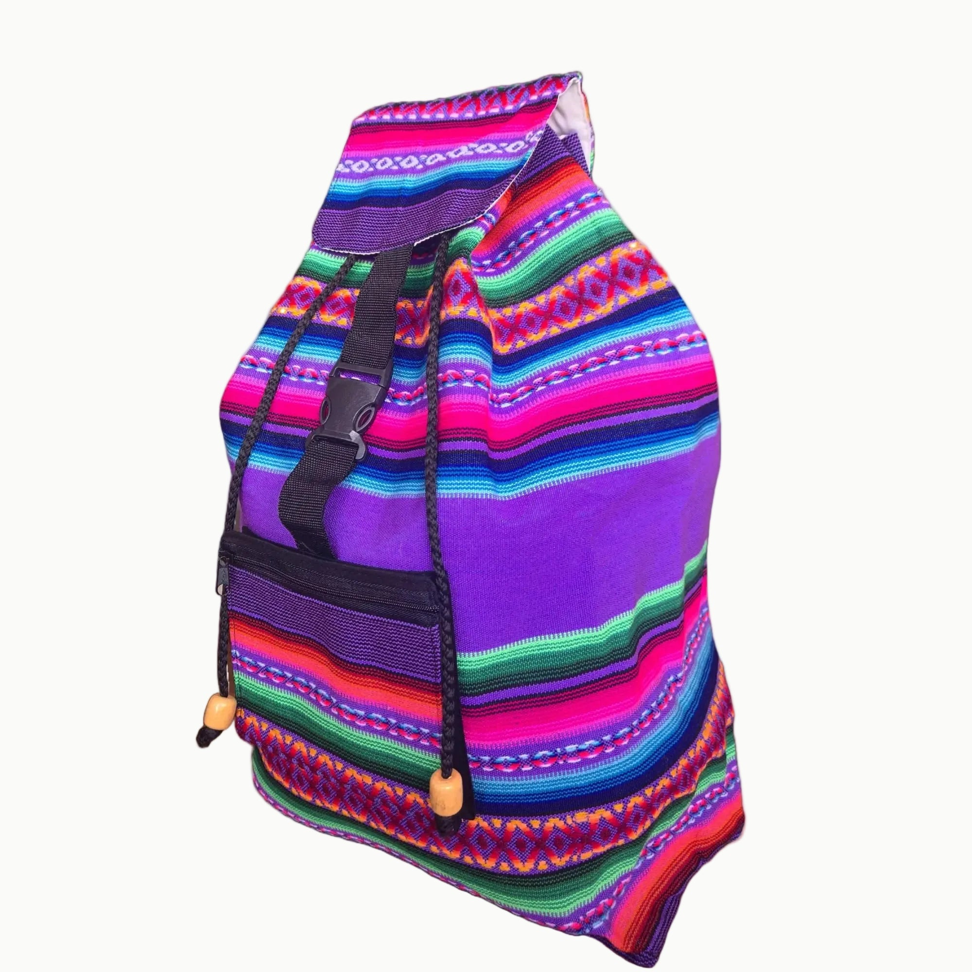 Colorful striped bag with a black strap on a white background