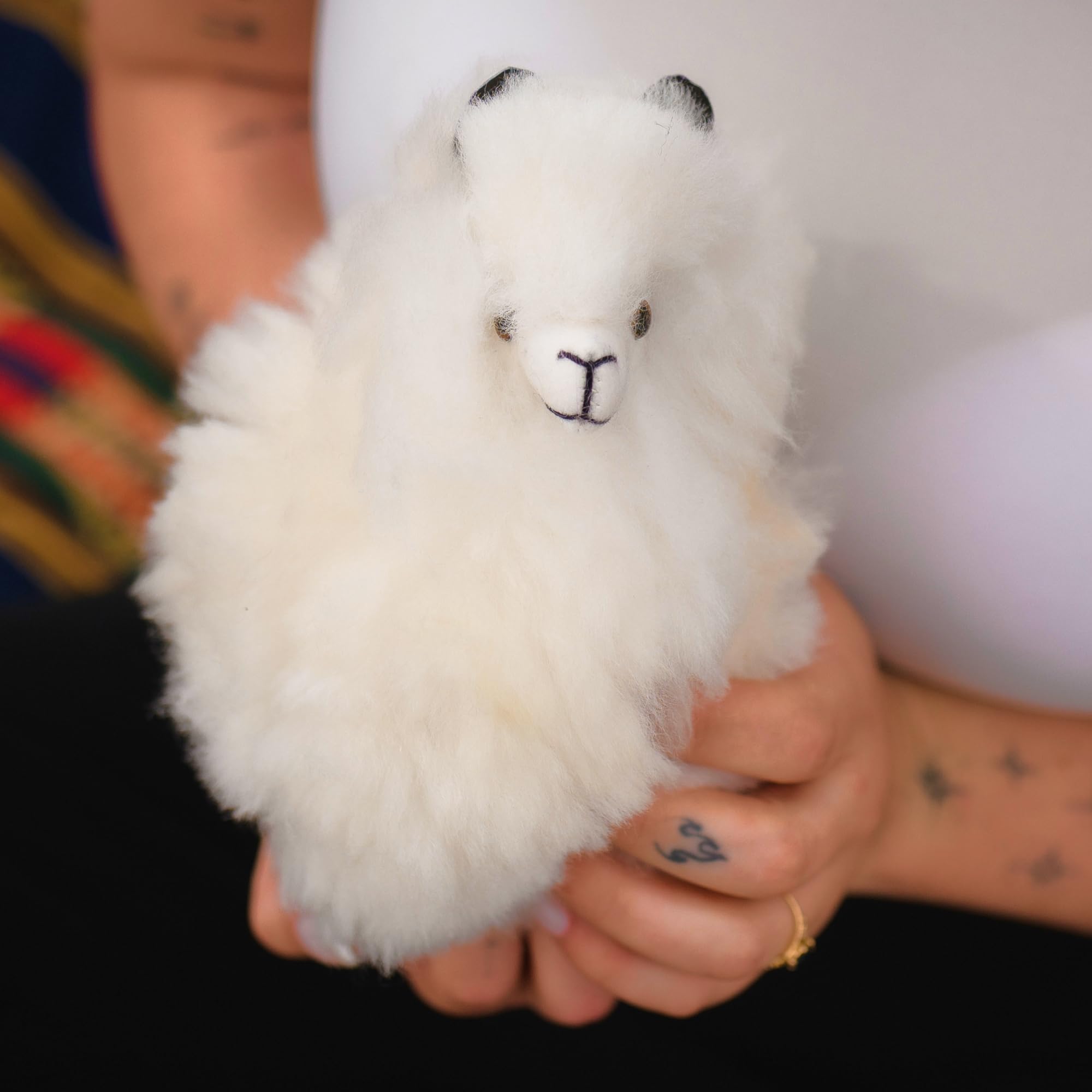 Person holding a small white fluffy toy with black accents
